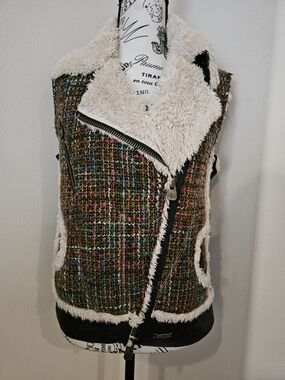 Desigual Multicolor Tweed Vest with Cream Faux Shearling Trim
